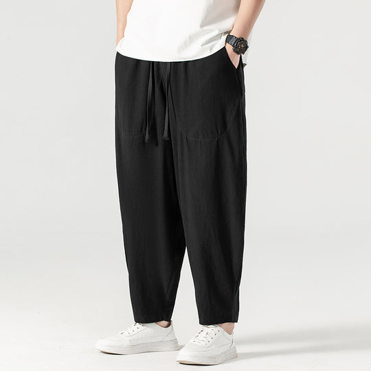 Herren Lässige Leinen-Baumwoll-Hose mit weitem Bein, Kordelzug und aufgesetzten Taschen Shop Nory