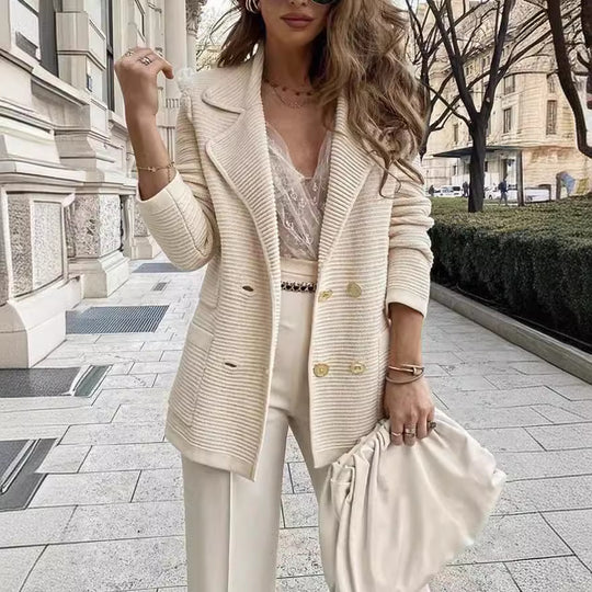 Damen Strukturierter Strick-Blazer mit Reverskragen und Doppelknopfleiste Shop Nory