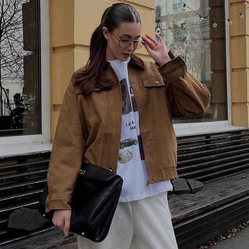 Damen Boxy-Suede-Blousonjacke mit Cordkragen und Teddyfutter Shop Nory