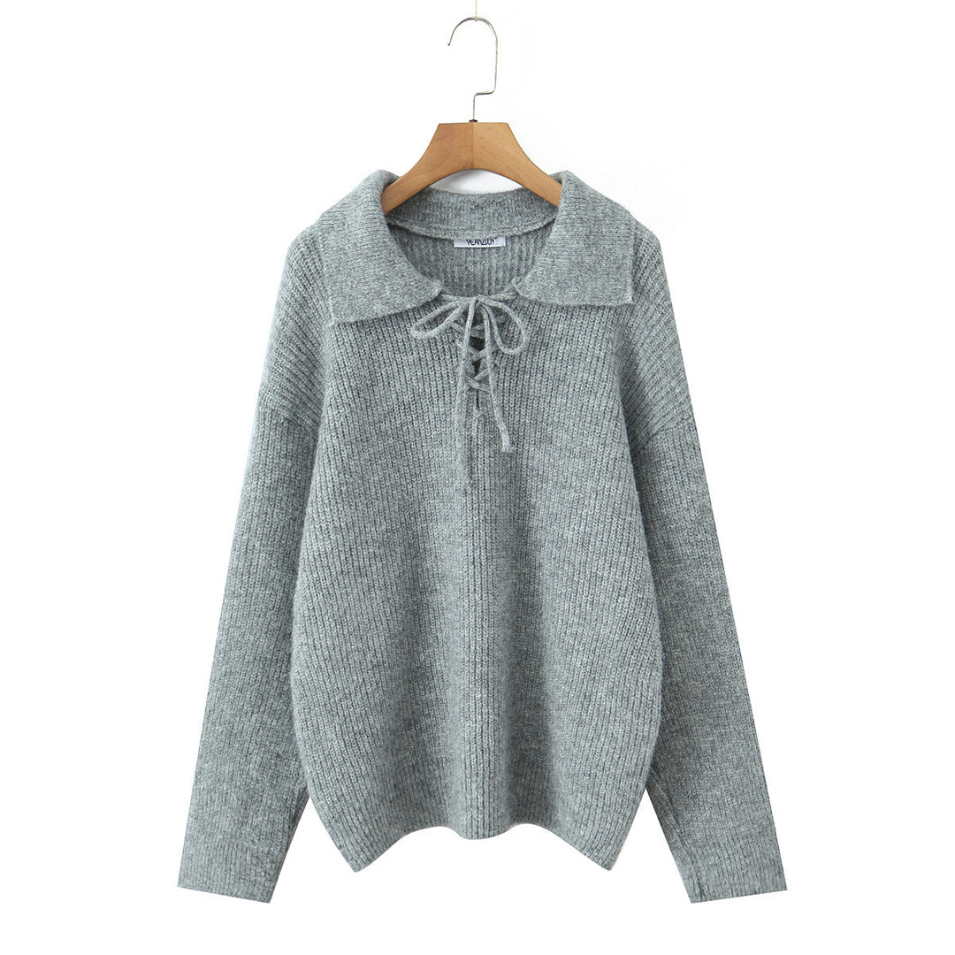 Damen Kuscheliger Strickpullover mit breitem Polokragen und Kordelbindung Shop Nory