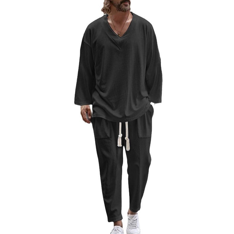 Herren Lässiges Lounge-Set aus Baumwollmix mit V-Ausschnitt und Kordelbundhose Shop Nory