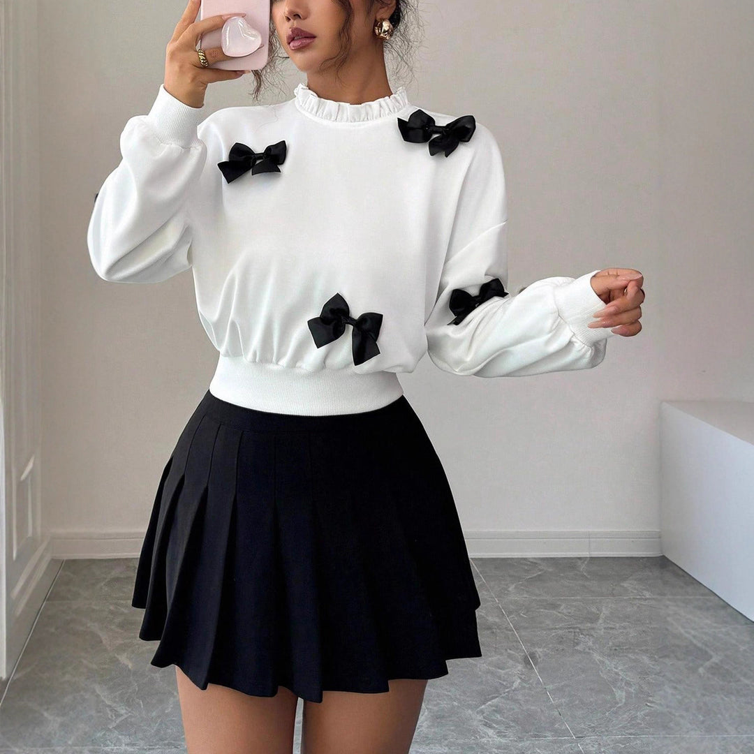 Damen Cropped Sweatshirt mit Rüschenkragen, Ballonärmeln und Zier‑Schleifen Shop Nory