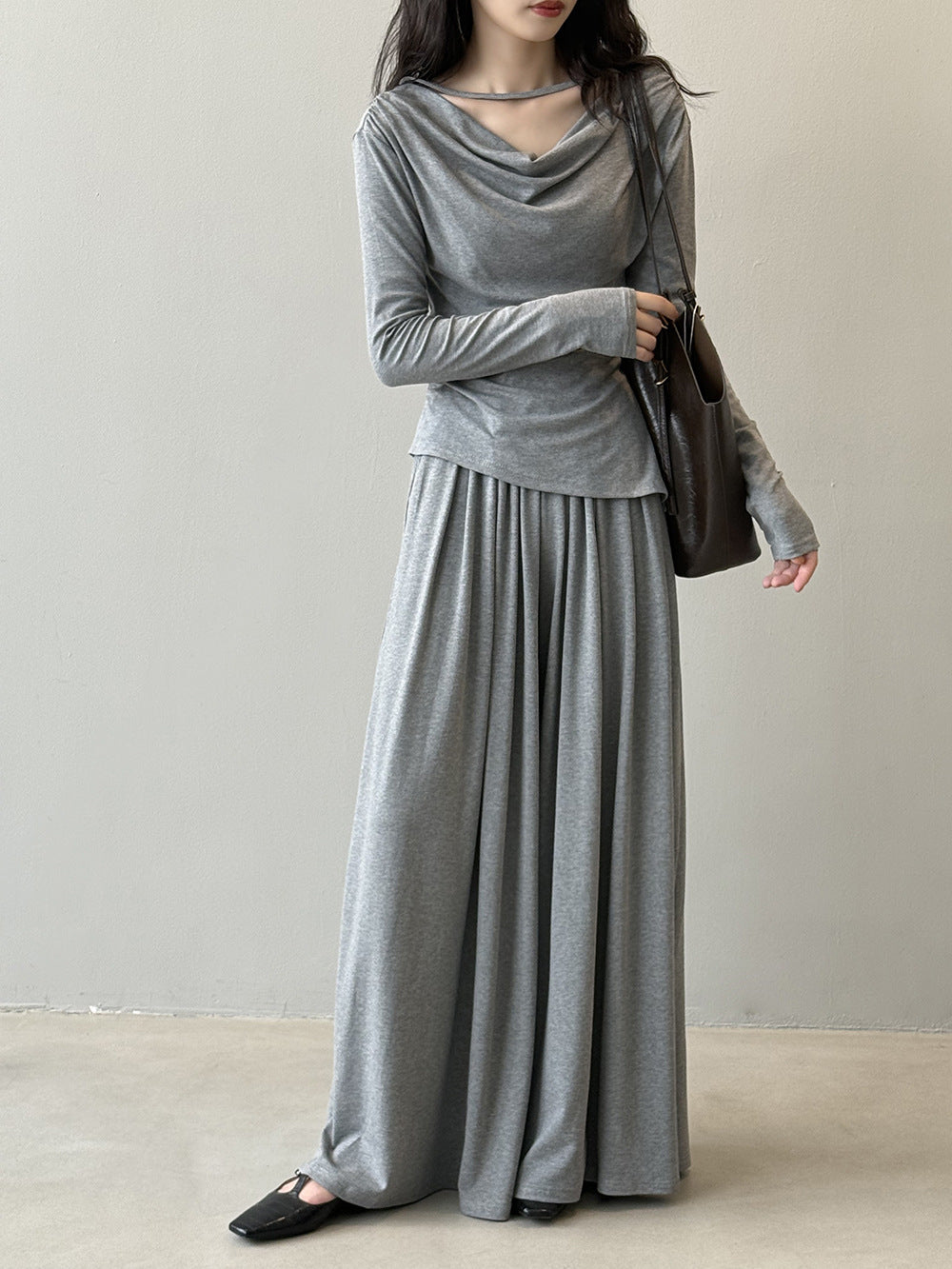 Damen Zweiteiliges Jersey-Set mit asymmetrischem Wasserfallkragen und weitem Maxirock Shop Nory