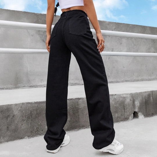Damen Hochtaillierte Wide-Leg-Jeanshose mit sichtbarem Frontreißverschluss, Knie-Abnähern und rohem Bund Shop Nory