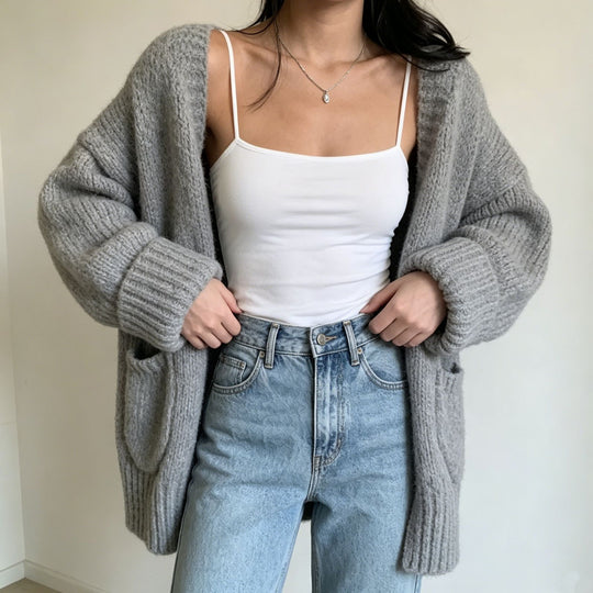 Damen Langer Offener Grobstrick-Cardigan mit aufgesetzten Taschen und gerippten Bündchen Shop Nory