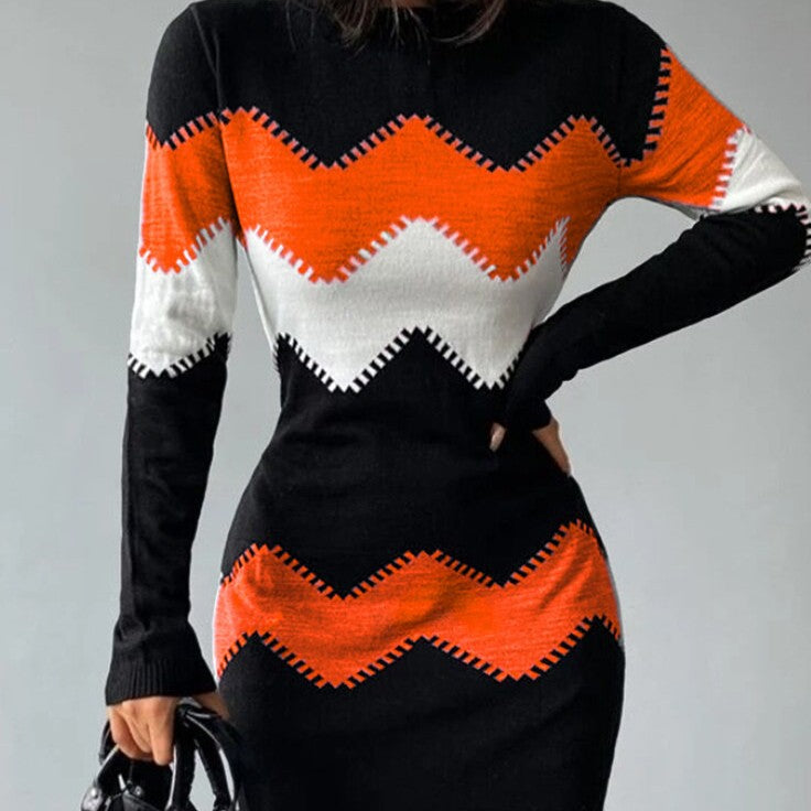 Frauen Figurbetonendes Feinstrick Mini Kleid mit Zickzackstruktur und Rundhalsausschnitt Shop Nory