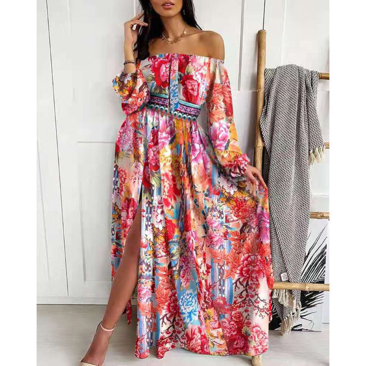 Damen Maxikleid mit offenem Schulterdesign und aufwendigem Barockmuster Shopnory