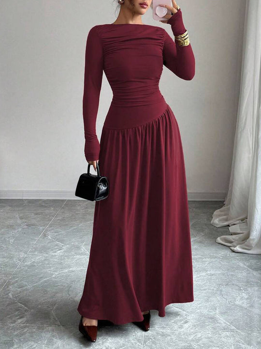 Damen Maxikleid mit gerafftem Oberteil, tailliertem Bund und Langarm Shop Nory