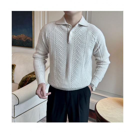 Herren Polokragen-Zopfstrick-Pullover mit halber Knopfleiste Shop Nory
