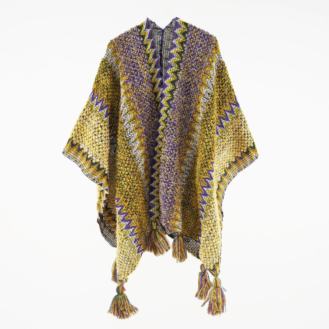 Damen Kurzponcho aus Bouclé-Strick mit Zickzack-Jacquard und Quasten Shop Nory