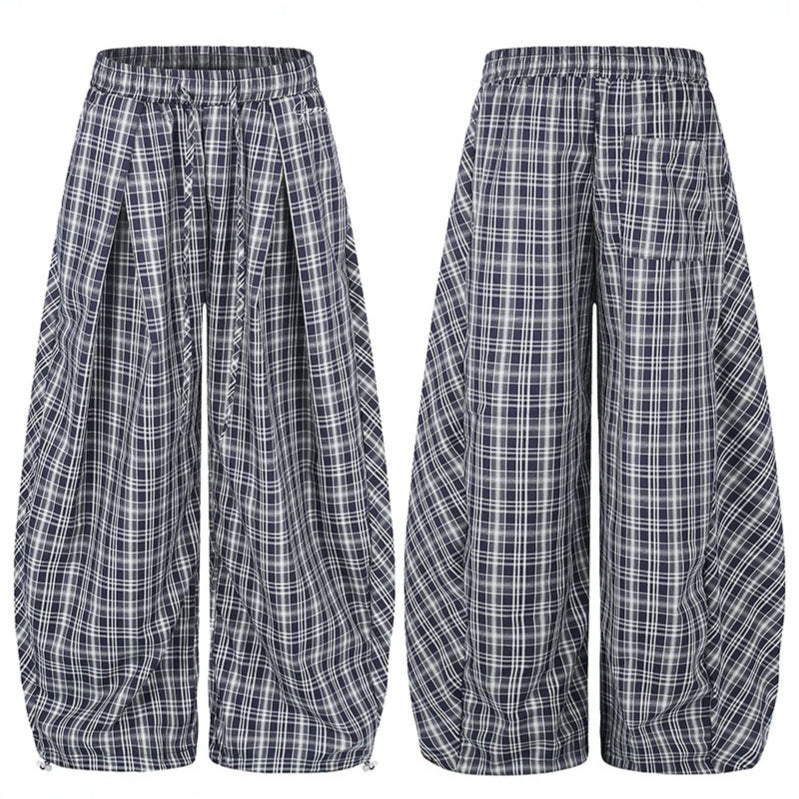 Damen Weite Harem-Ballonhose mit elastischem Bund, Kordelzug und Karomuster Shop Nory
