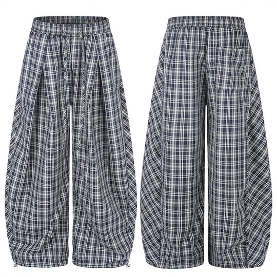 Damen Weite Harem-Ballonhose mit elastischem Bund, Kordelzug und Karomuster Shop Nory