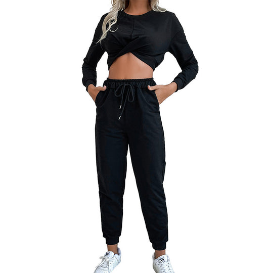 Damen Zweiteiliges Lounge-Set mit gedrehtem kurz geschnittenem Sweatshirt und hochtaillierter Jogginghose Shop Nory