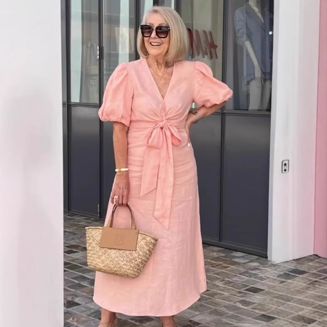 Damen Maxikleid mit eleganten Puffärmeln und Taillenknoten