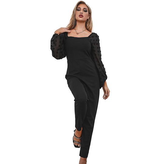 Damen Eleganter Jumpsuit mit Puffärmeln aus Mesh und Quadratausschnitt Shop Nory