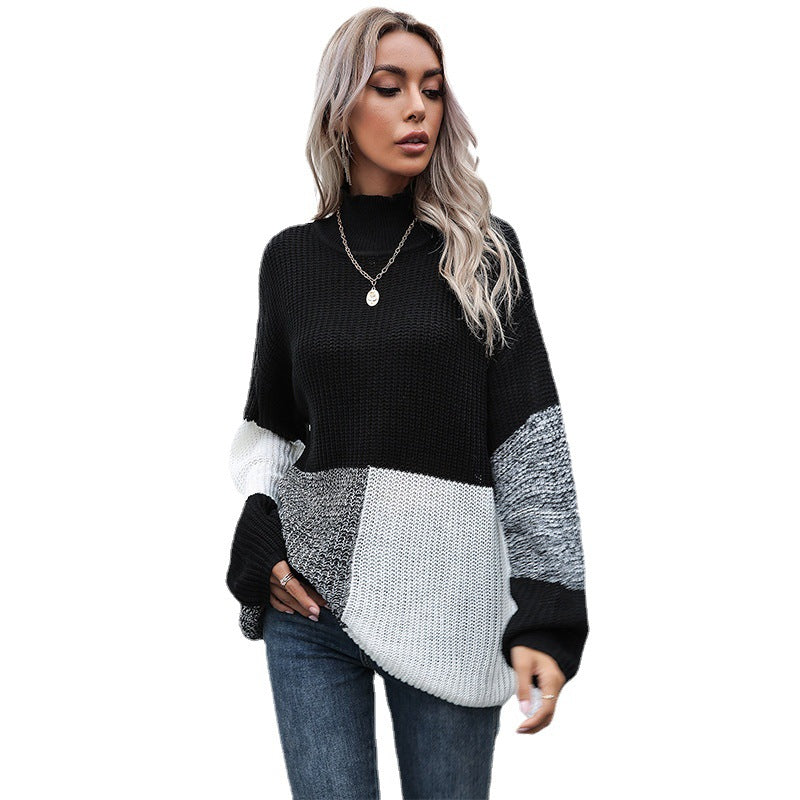 Damen Oversize-Feinstrickpullover im Blockpatch-Design mit Stehkragen Shop Nory