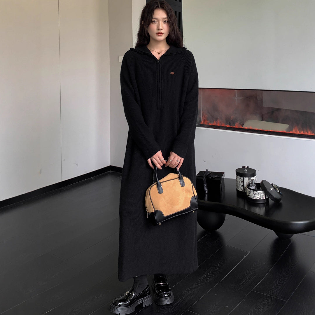 Damen Geripptes Kapuzen-Strickmaxikleid mit halbem Reißverschluss und weitem Fall Shop Nory