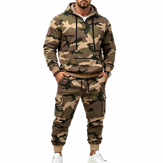 Herren Camouflage Kapuzensweatshirt- und Jogginghose Set mit Cargo-Taschen und Reißverschlüssen Shop Nory
