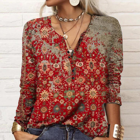Damen Lockeres Langarm‑Henleyshirt mit V‑Ausschnitt, Knopfleiste und Ombre‑Print Shop Nory