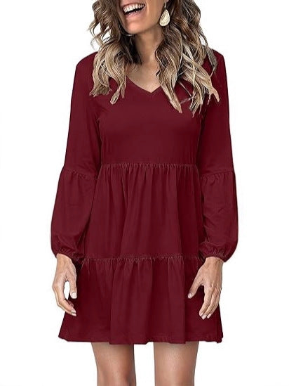 Damen Stufiges Mini-Kleid mit V-Ausschnitt und Ballonärmeln Shop Nory