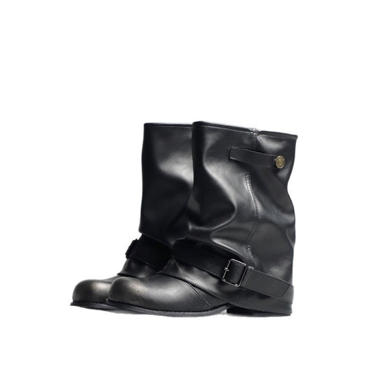 Damen Slouchy Bikerstiefel aus Lederoptik mit verstellbarem Schnallenriemen und mittlerem Blockabsatz Shop Nory