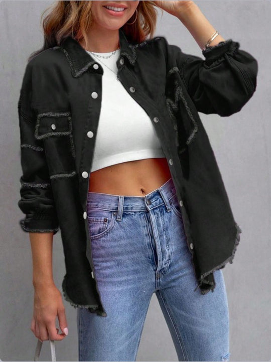 Damen Oversize-Denim-Utility-Hemdjacke mit ausgefransten Kanten und Pattentaschen Shop Nory