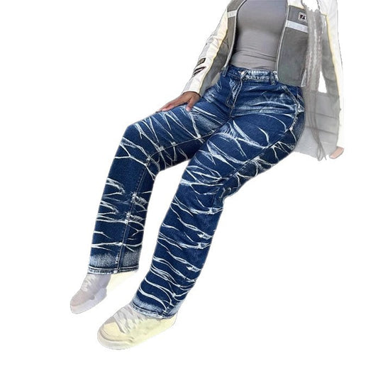 Damen High-Waist Straight-Jeans mit bleached Wave-Muster und Relaxed-Passform Shop Nory