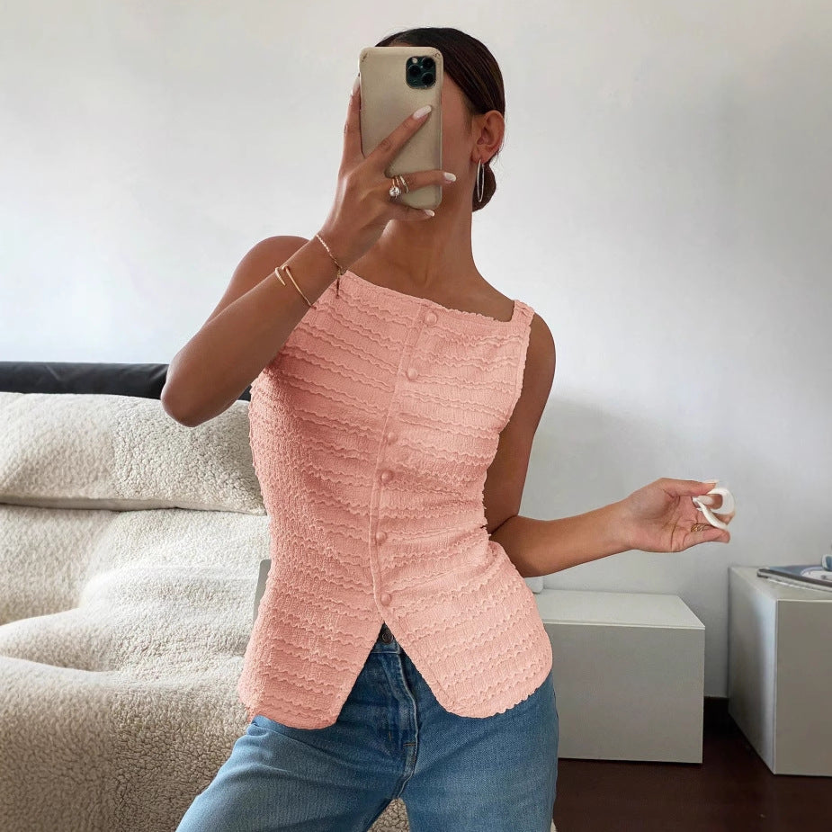 Damen Ärmelloses Struktur-Top mit Zierknopfleiste und Vorder‑Schlitz Shop Nory