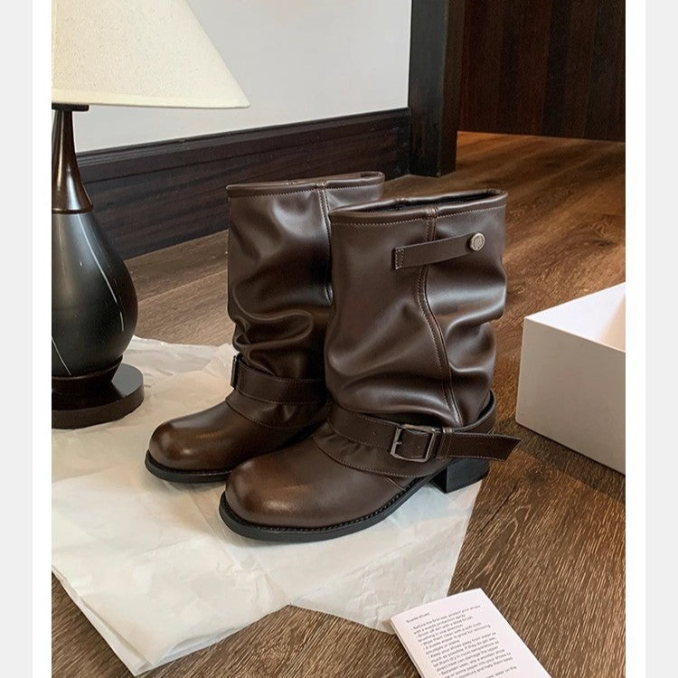 Damen Mid-Calf Bikerstiefel aus Glattleder mit verstellbarem Schnallenriemen Shop Nory