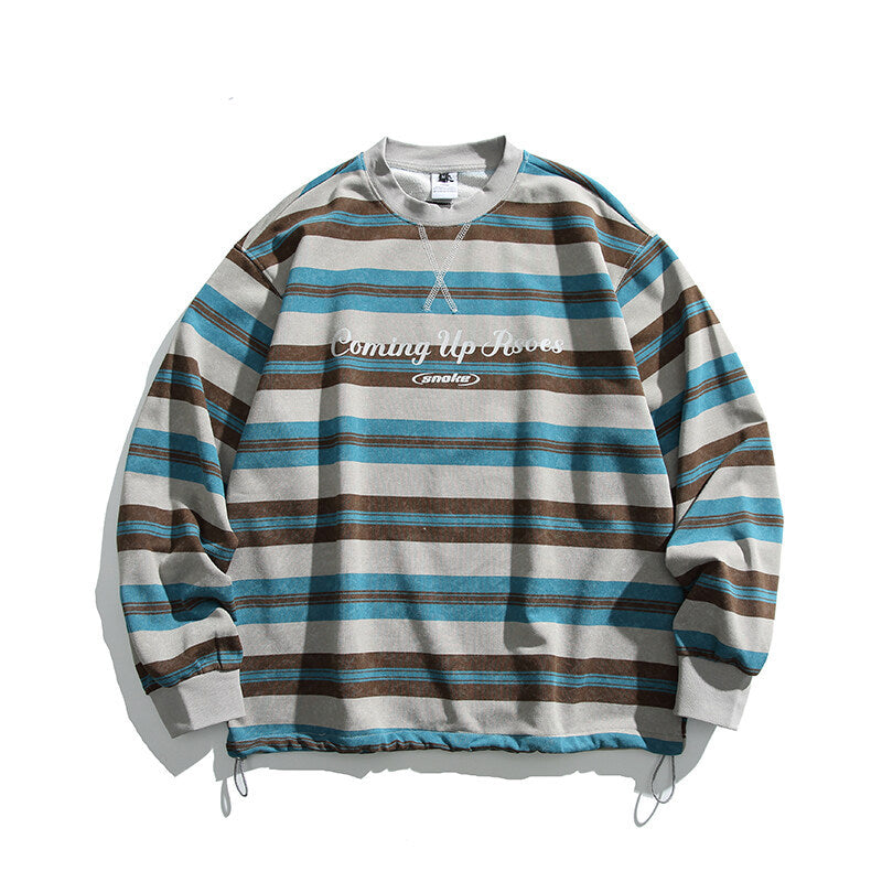 Herren Oversized Gestreiftes Sweatshirt mit Kordelzugsaum und Rundhals Shop Nory