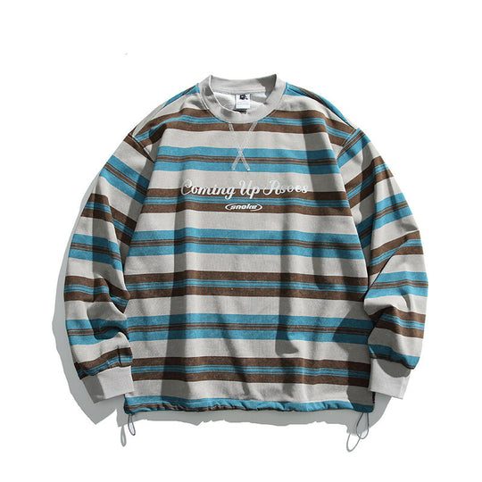 Herren Oversized Gestreiftes Sweatshirt mit Kordelzugsaum und Rundhals Shop Nory