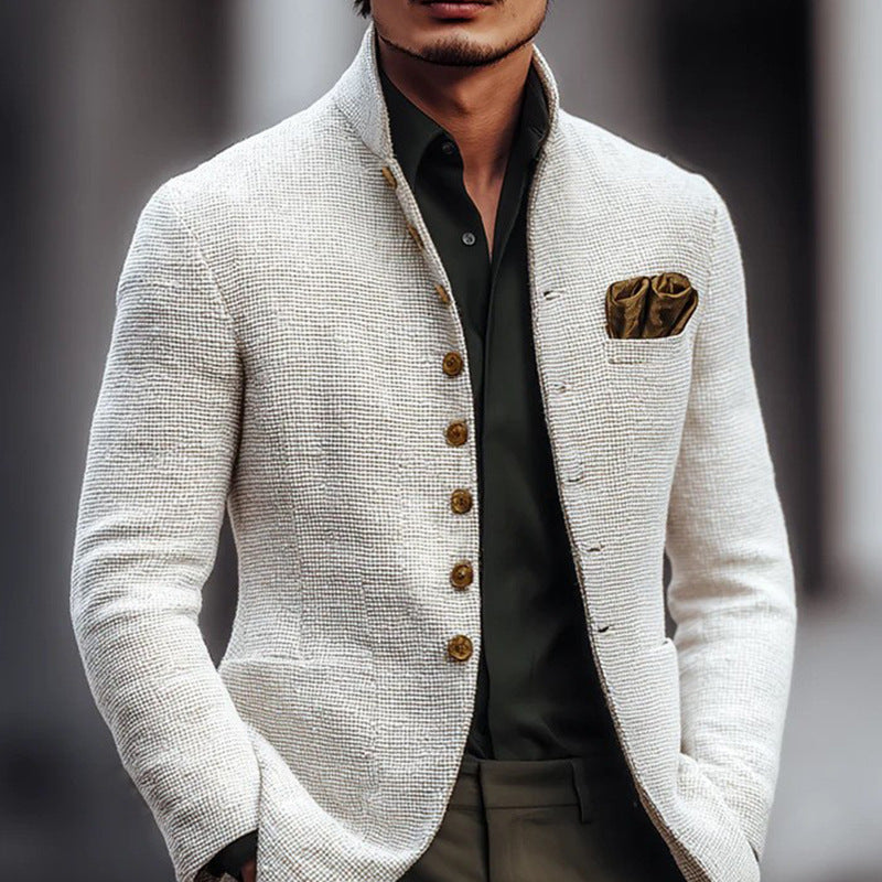 Herren Strukturierter Leinenblazer mit Stehkragen und dekorativer Knopfreihe Shop Nory