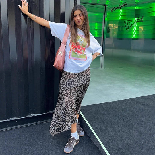 Damen Leichter Chiffon‑Midirock mit asymmetrischem Saum & Leo‑Print Shop Nory