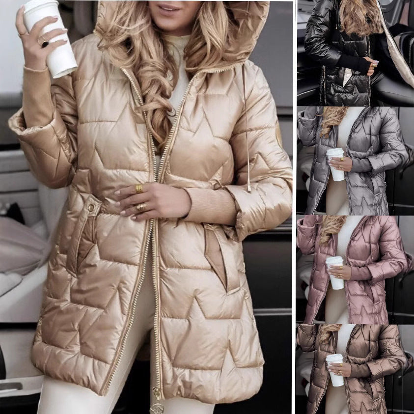Damen Steppmantel Mid-Length mit Kapuze, wattierter Thermofüllung und taillierter Silhouette Shop Nory
