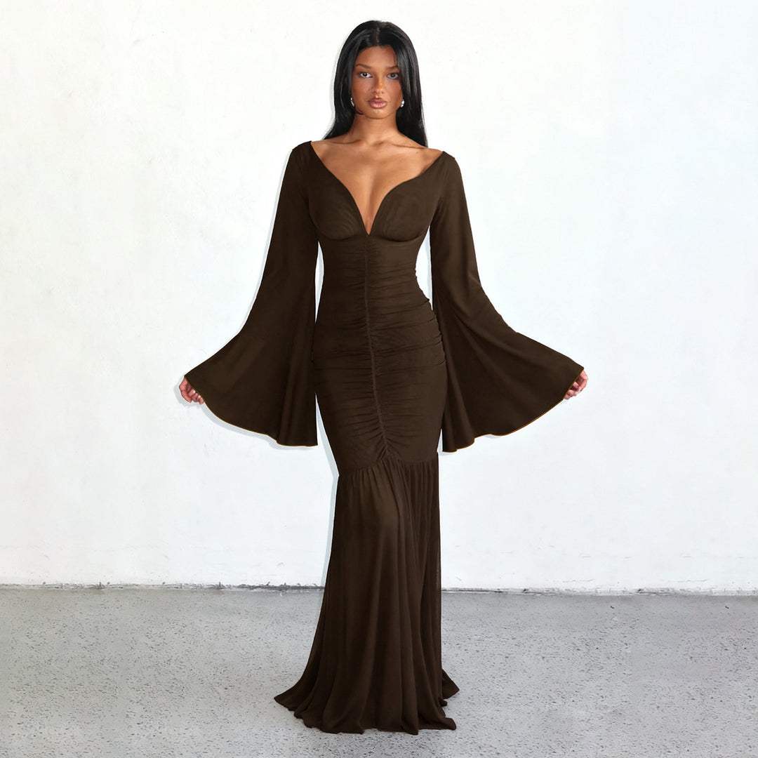 Damen nan gerafftes Maxikleid mit V-Ausschnitt, Trompetenärmeln und Stufenrüsche Shop Nory