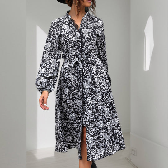 Damen Midikleid mit Spitzenbesatz am Ausschnitt, verdeckter Knopfleiste, Taillenbindegürtel & floralem Allover-Print Shop Nory