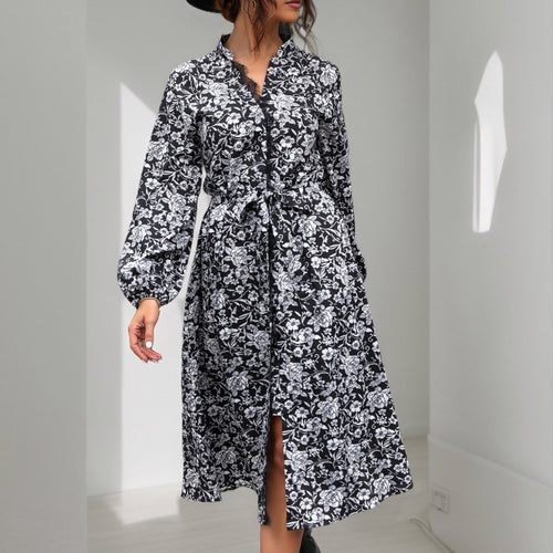 Damen Midikleid mit Spitzenbesatz am Ausschnitt, verdeckter Knopfleiste, Taillenbindegürtel & floralem Allover-Print Shop Nory