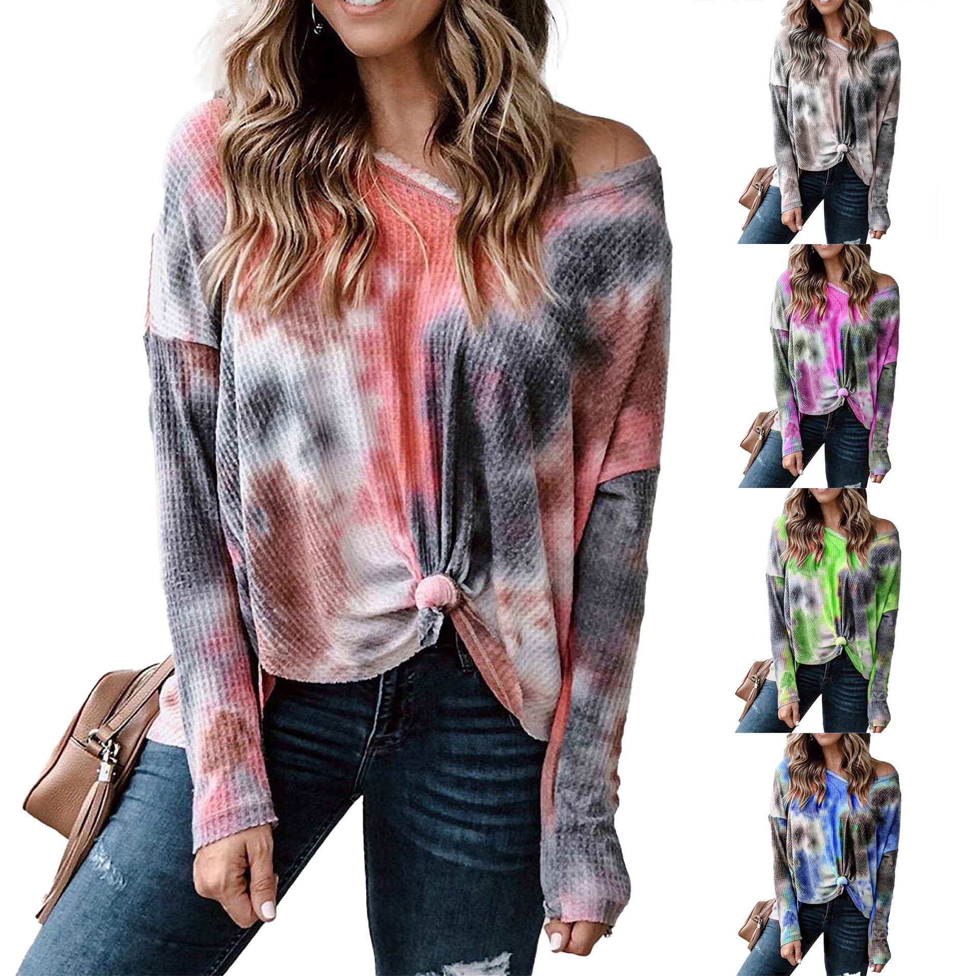 Damen lässiges Oversized Oberteil mit Spitzenhemd Detail und modischem Knoten