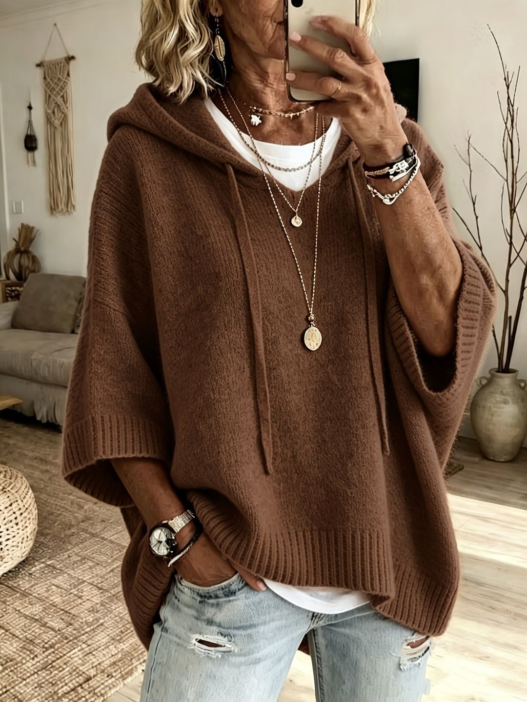 Damen Oversize Strickponcho mit Kapuze und kurzen Ärmeln Shop Nory