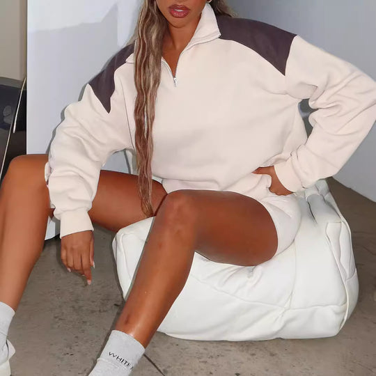 Damen Oversize Sweatshirt mit Halbreißverschluss und Kontrast-Schulter Shop Nory