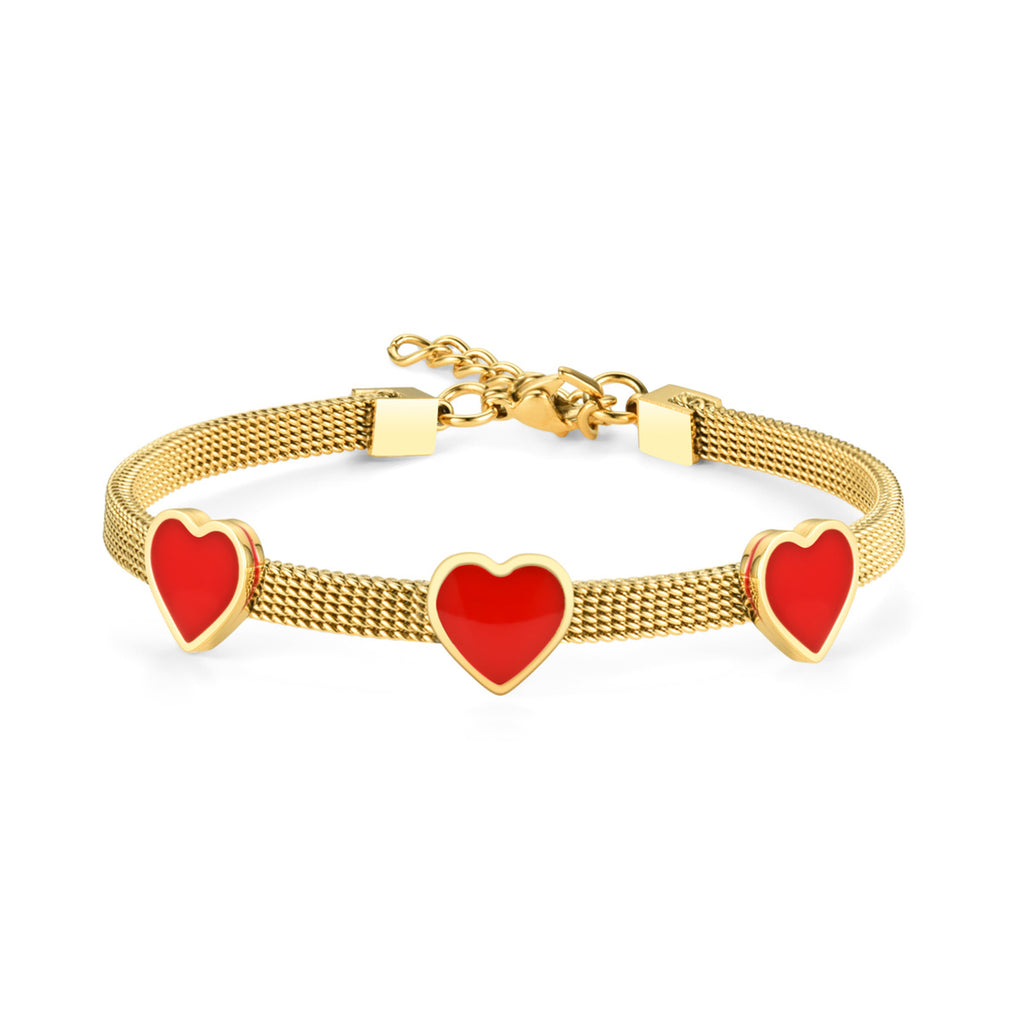 Damen Armband mit roten Herzanhängern und feiner Mesh-Oberfläche Shop Nory