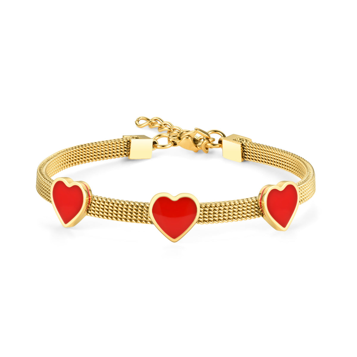 Damen Armband mit roten Herzanhängern und feiner Mesh-Oberfläche Shop Nory