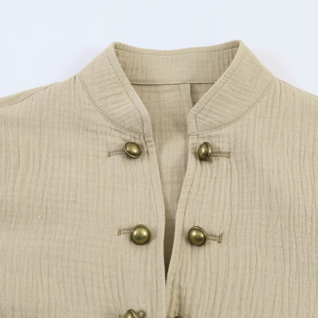 Damen leichte taillierte Baumwollblazer-Jacke mit Stehkragen und Zierknopfleiste Shop Nory