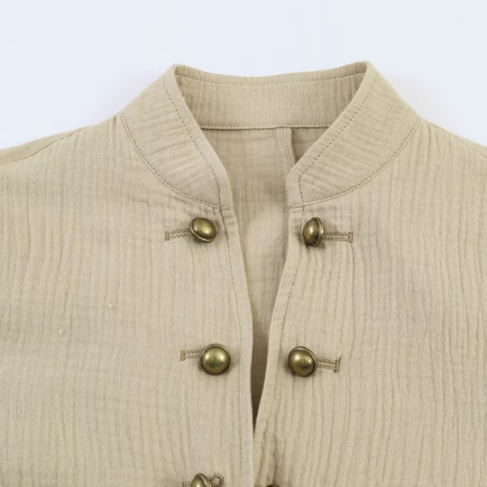 Damen leichte taillierte Baumwollblazer-Jacke mit Stehkragen und Zierknopfleiste Shop Nory
