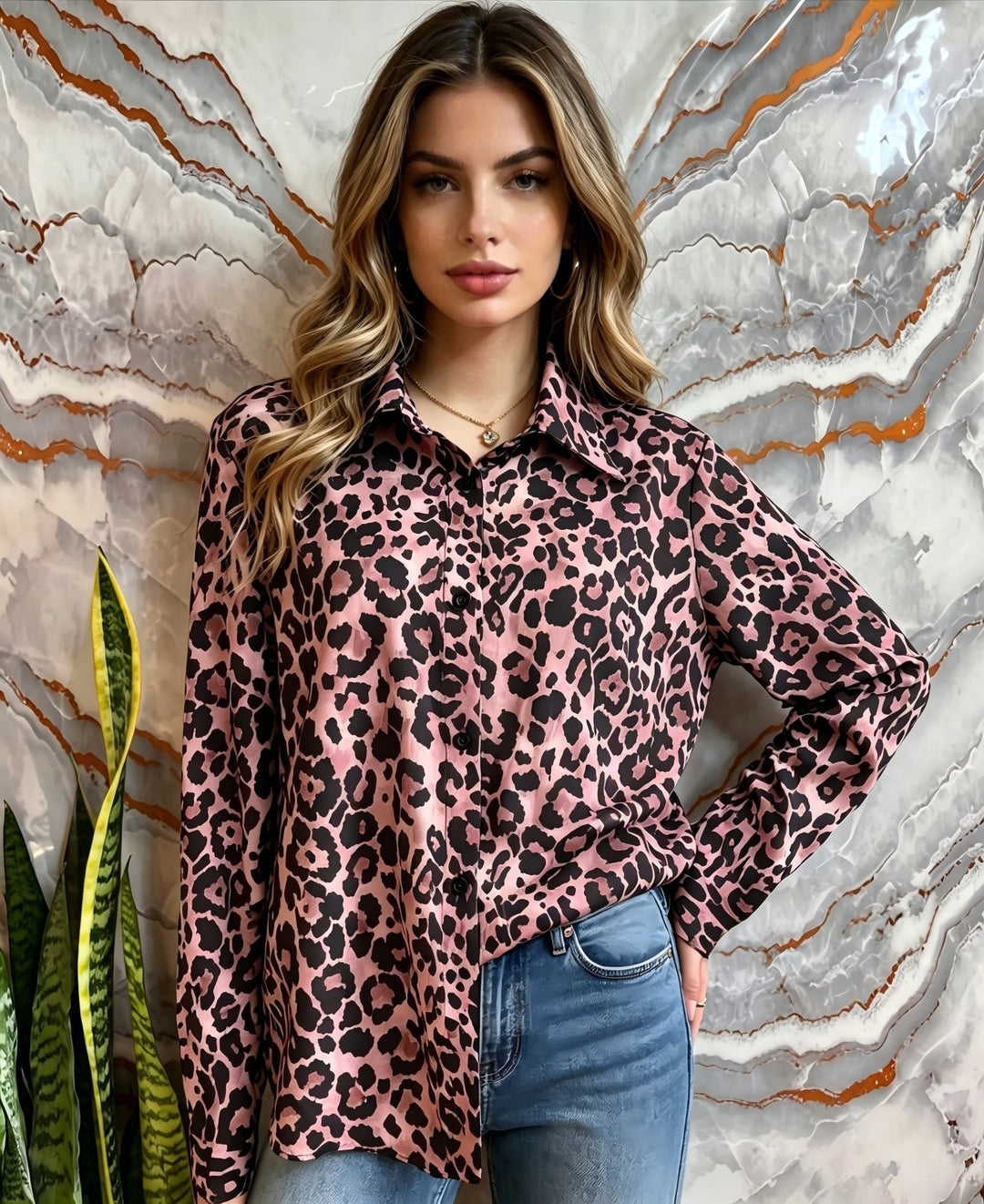 Damen Satin-Leopardenmuster Button-Up Bluse Shop Nory
