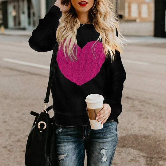 Damen Strickpullover mit Herzapplikation, Rippbündchen und legerer Passform Shop Nory