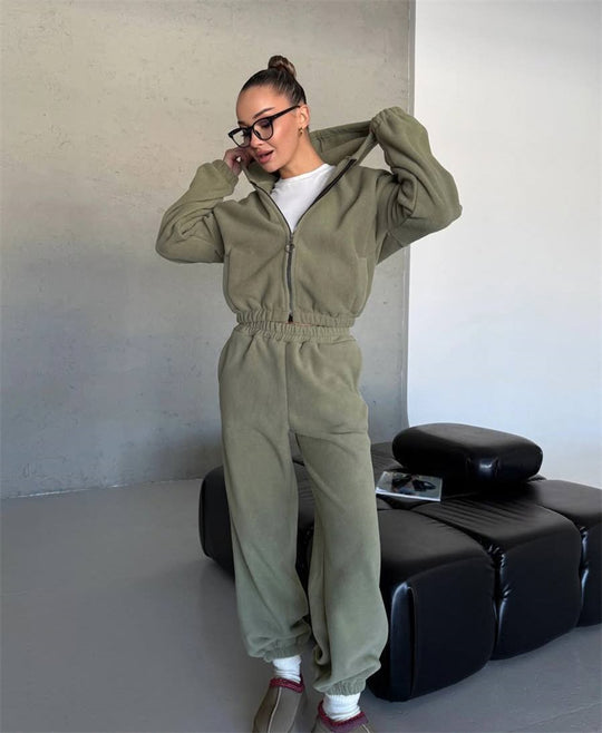 Damen kuscheliges Fleece-Hoodie und Jogginghose Lounge-Set mit Reißverschluss Kapuze elastischem Bund Shop Nory