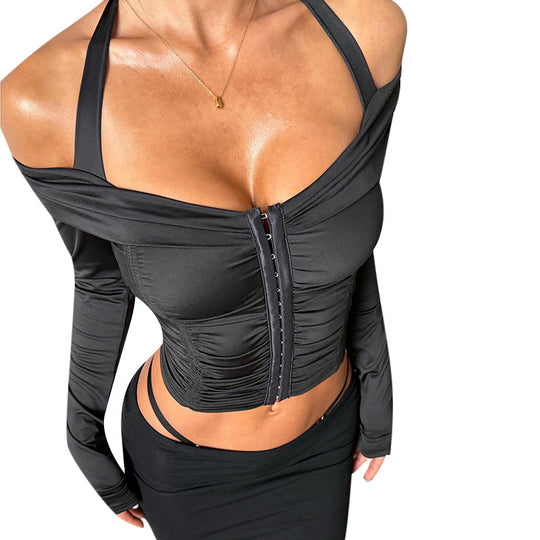 Damen tailliertes Off-Shoulder-Korsett-Top mit Raffung, Frontreißverschluss und Neckholder Shop Nory