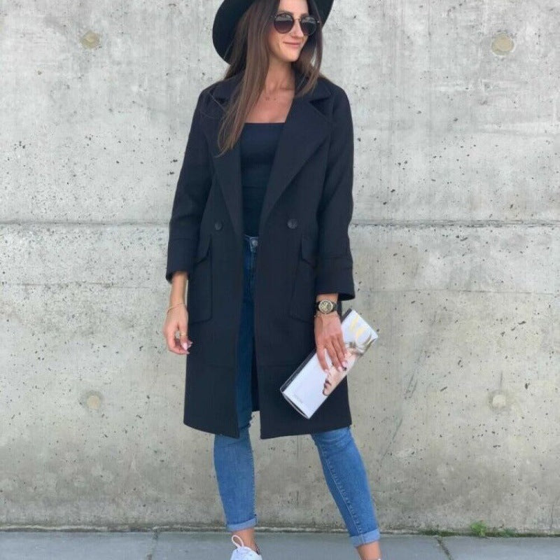 Damen Midilanger Wollmix Mantel im Clean-Cut mit Reverskragen und aufgesetzten Taschen Shop Nory