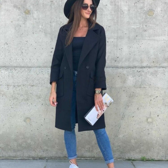 Damen Midilanger Wollmix Mantel im Clean-Cut mit Reverskragen und aufgesetzten Taschen Shop Nory